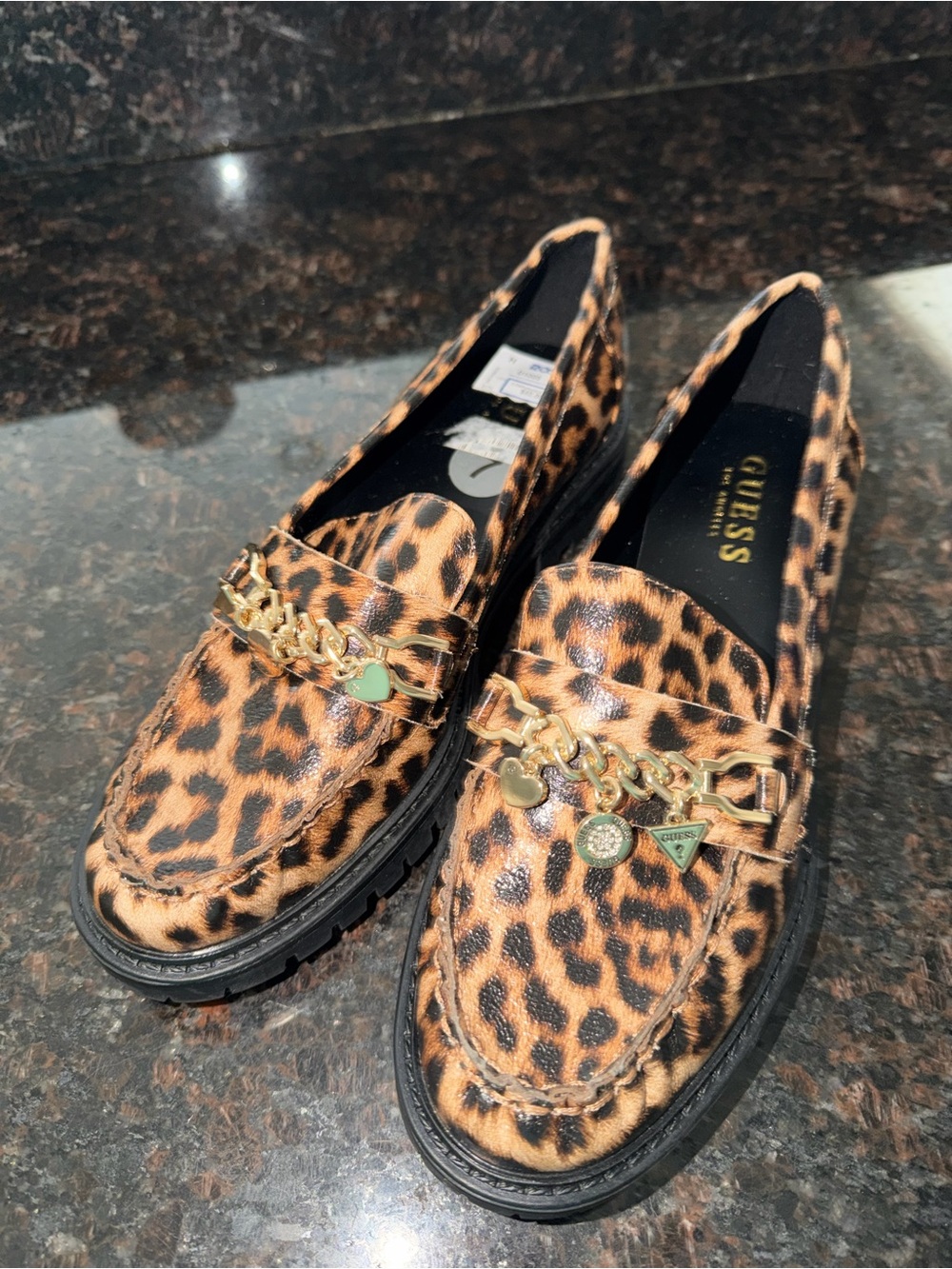 GUESS Leopard Print Loafers with Gold Chain Accents - Brown/Black